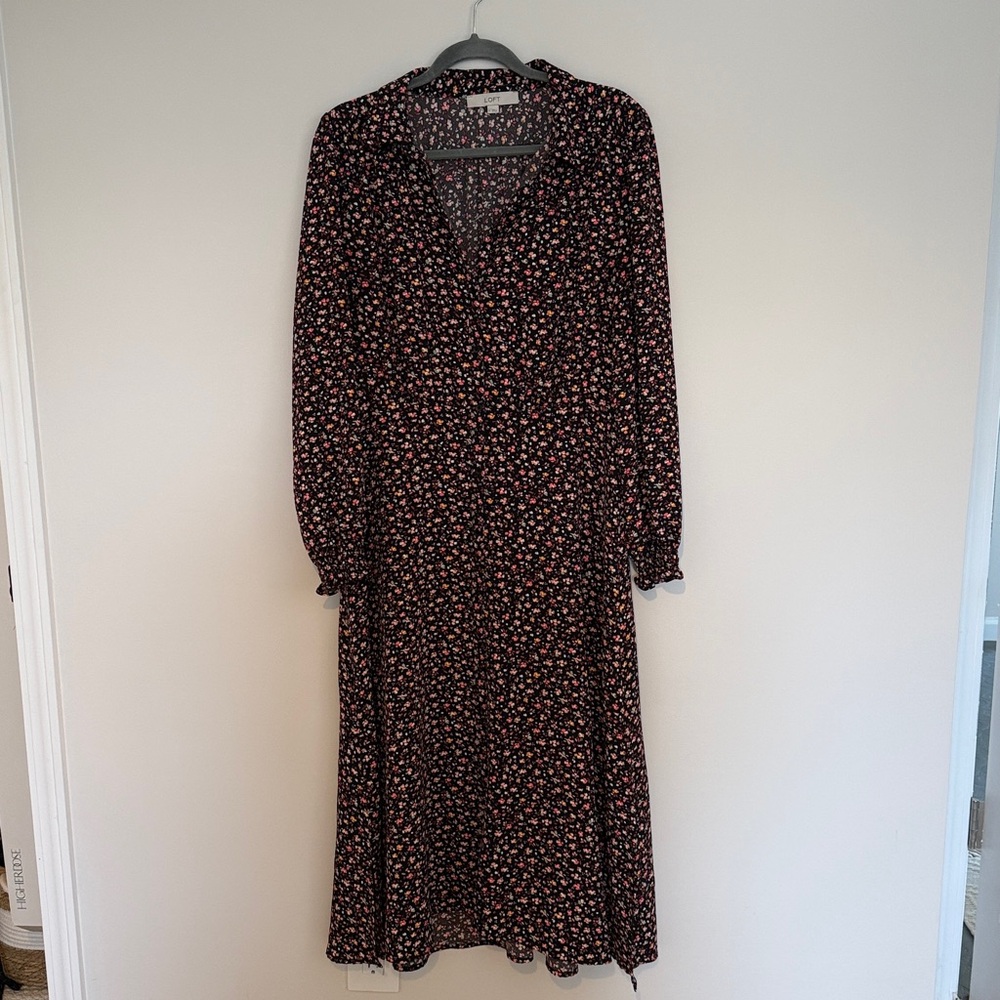 LOFT Black and Pink Floral Smocked Midi Shirtdress